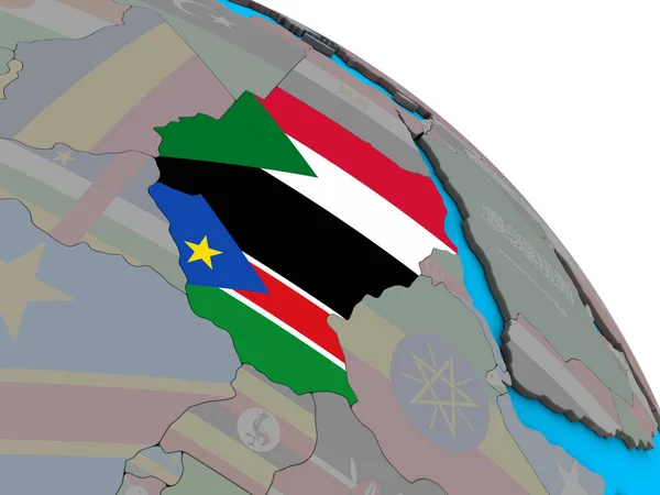 Sudão Com Bandeiras Nacionais Embutidas Simples Globo Político Azul Ilustração — Fotografia de Stock