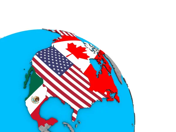 Nafta Medlemsstater Med Inbäddade Nationsflaggor Enkla Blå Politiska Klot Illustration — Stockfoto