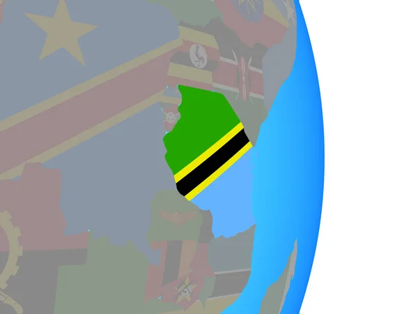 坦桑尼亚在简单的政治地球仪上挂着国旗 — 图库照片
