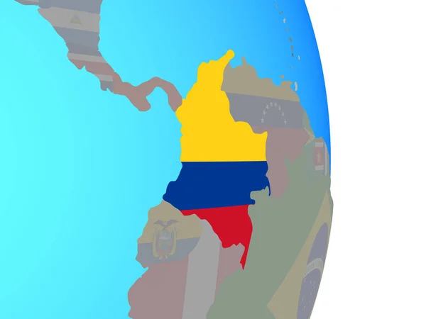 哥伦比亚在简单的政治地球仪上挂着国旗 — 图库照片
