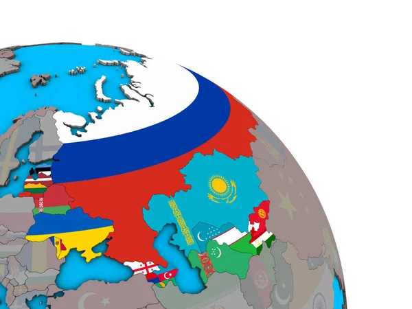 Former Soviet Union with embedded national flags on simple blue political 3D globe. 3D illustration.