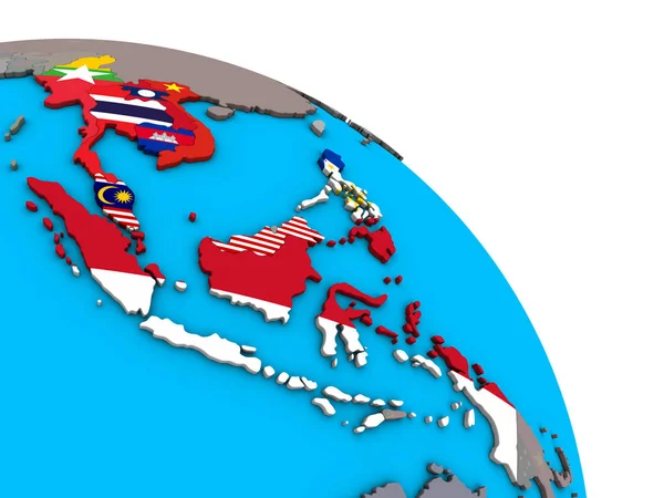 シンプルな青い政治 地球儀に埋め込まれた国旗と Asean 加盟国 イラストレーション — ストック写真