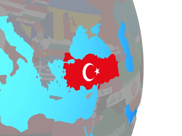 土耳其在简单的政治地球仪上挂着国旗 — 图库照片