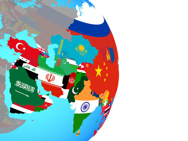 Asia with national flags on simple political globe. 3D illustration.