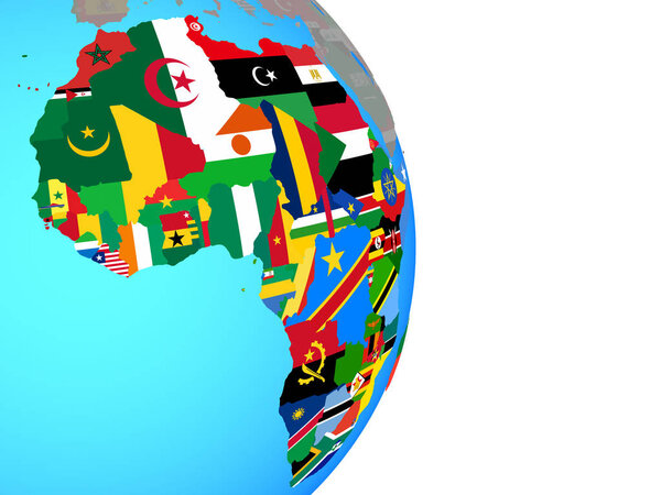 Africa with national flags on simple political globe. 3D illustration.