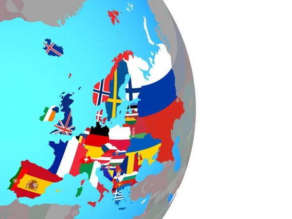Europa Con Bandiere Nazionali Semplice Globo Politico Illustrazione — Foto Stock