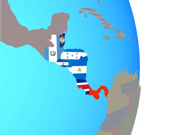 Central America with national flags on simple political globe. 3D illustration.