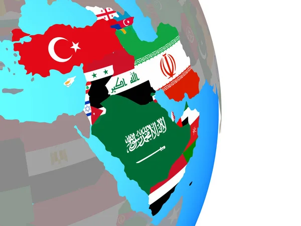 Asia Occidentale Con Bandiere Nazionali Semplice Globo Politico Illustrazione — Foto Stock