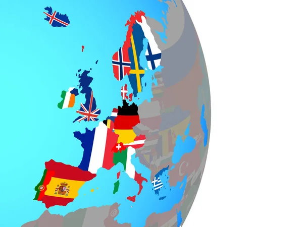 Западная Европа Национальными Флагами Простом Политическом Глобусе Иллюстрация — стоковое фото