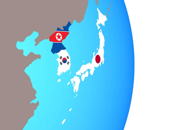 Japan Och Korea Med Nationsflaggor Enkla Politiska Jordglob Illustration — Stockfoto