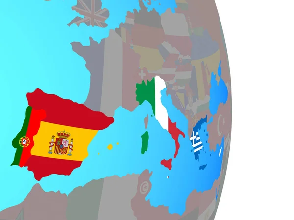 南欧在简单的政治地球仪上挂着国旗 — 图库照片