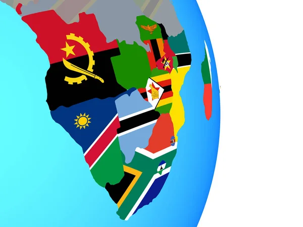 南部非洲在简单的政治地球上挂着国旗 — 图库照片