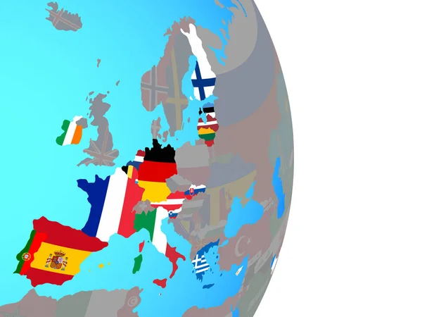Mitgliedsstaaten Der Eurozone Mit Nationalflaggen Auf Einem Simplen Politischen Globus — Stockfoto