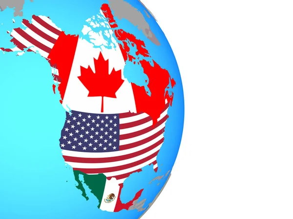 Nafta Memeber Estados Com Bandeiras Nacionais Simples Globo Político Ilustração — Fotografia de Stock