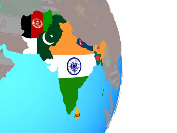 Lidstaten Van Saarc Met Nationale Vlaggen Eenvoudige Politieke Wereldbol Illustratie — Stockfoto