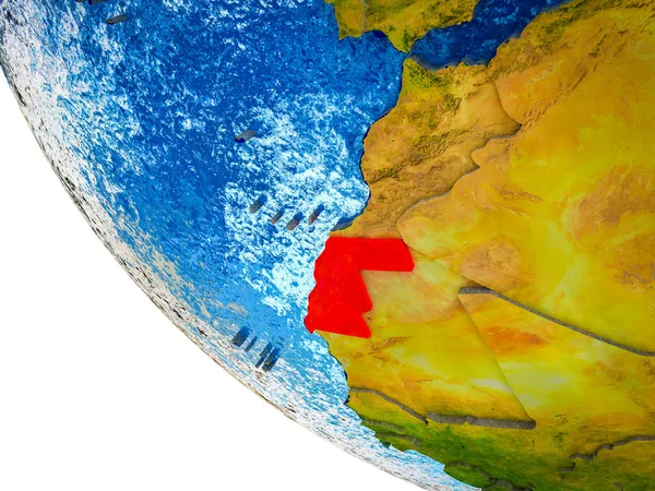 Western Sahara on model of Earth with country borders and blue oceans with waves. 3D illustration.