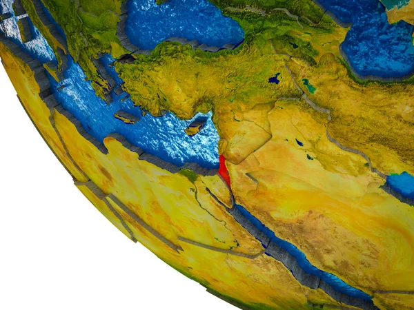 Israel on model of Earth with country borders and blue oceans with waves. 3D illustration.