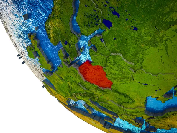 Poland on model of Earth with country borders and blue oceans with waves. 3D illustration.