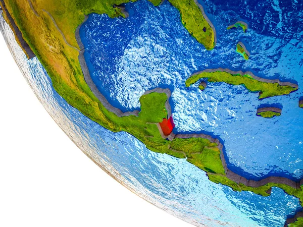 Belize on model of Earth with country borders and blue oceans with waves. 3D illustration.