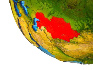Kazakistan ülke sınırları ve mavi okyanus dalgaları ile ile Dünya'nın modeli. 3D çizim.