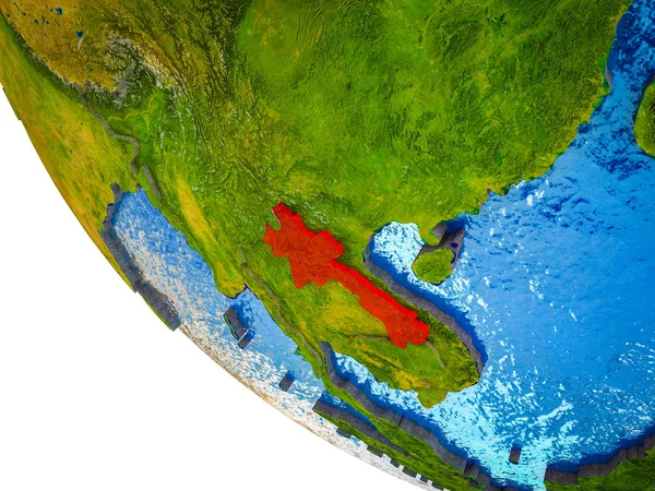 Laos on model of Earth with country borders and blue oceans with waves. 3D illustration.