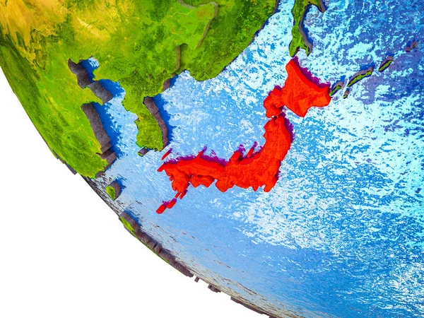 Japan on model of Earth with country borders and blue oceans with waves. 3D illustration.