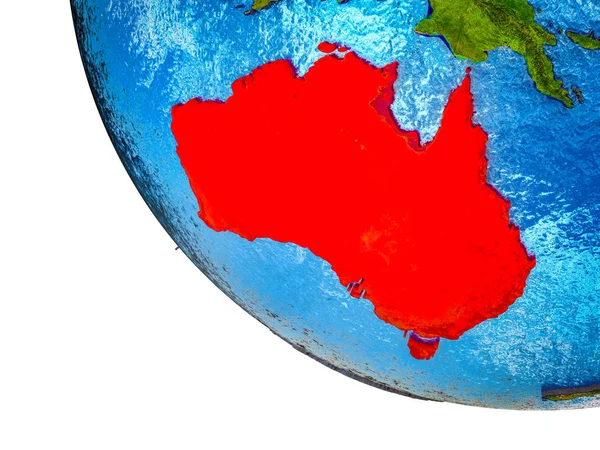 Australia on model of Earth with country borders and blue oceans with waves. 3D illustration.
