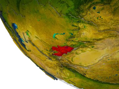 Kırgızistan ile ülke sınırları ve mavi okyanus dalgaları ile Dünya'nın modeli. 3D çizim.