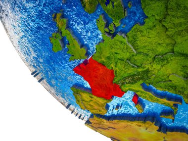 Fransa ülke sınırları ve mavi okyanus dalgaları ile ile Dünya'nın modeli. 3D çizim.
