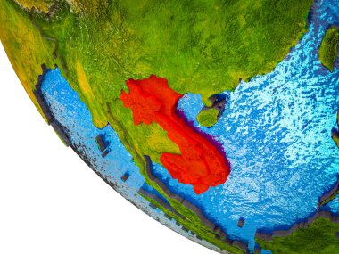 Dünya'nın modeli ile ülke sınırları ve mavi okyanus dalgaları ile Indochina. 3D çizim.