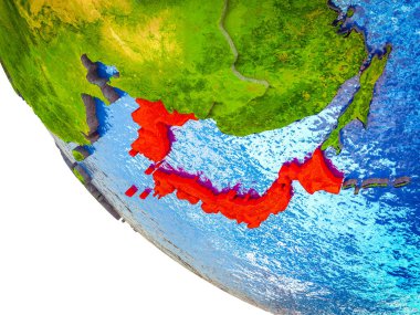Japonya ve Kore ülke sınırları ve mavi okyanus dalgaları ile ile Dünya'nın modeli. 3D çizim.