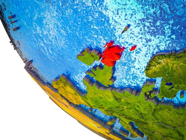 Scotland on model of Earth with country borders and blue oceans with waves. 3D illustration.