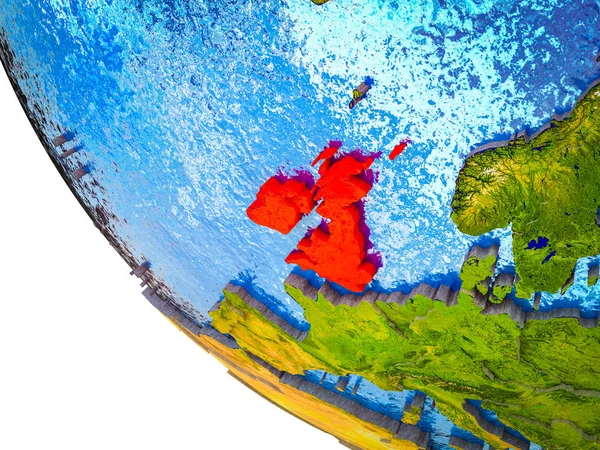 British Isles on model of Earth with country borders and blue oceans with waves. 3D illustration.