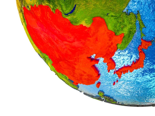 东亚在地球模型上与国家边界和蓝色海洋与波浪 — 图库照片