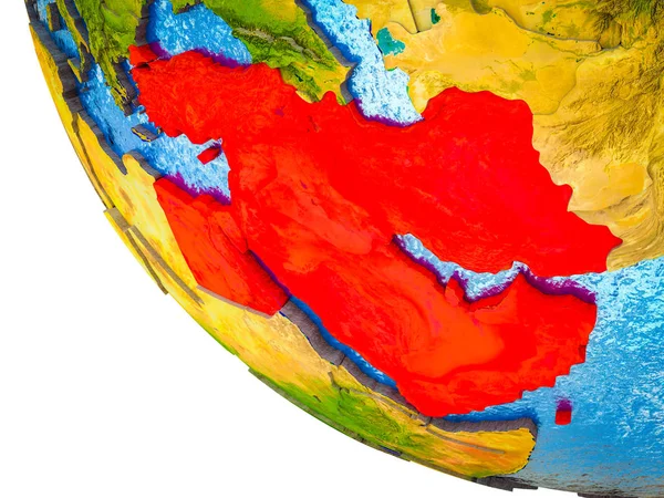 Middle East on model of Earth with country borders and blue oceans with waves. 3D illustration.
