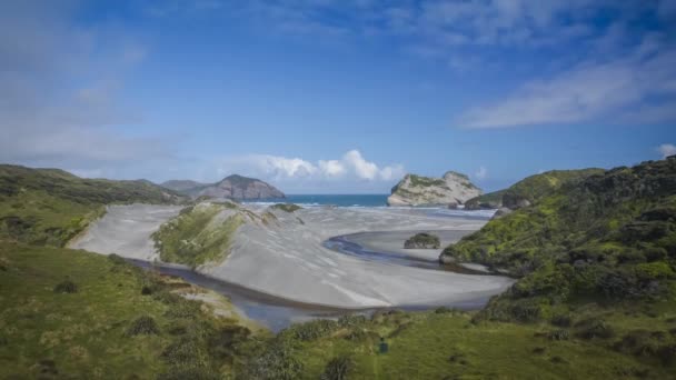 Güneşli Kıyı Taş Kum Tepeleri Ile Yeni Zelanda Güzel Bir — Stok video
