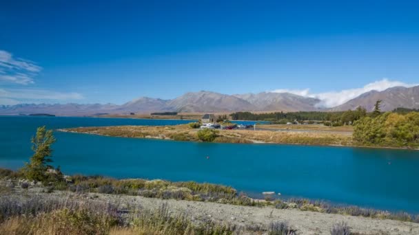 Timelapse Famosa Iglesia Del Buen Pastor Orilla Del Lago Tekapo — Vídeos de Stock