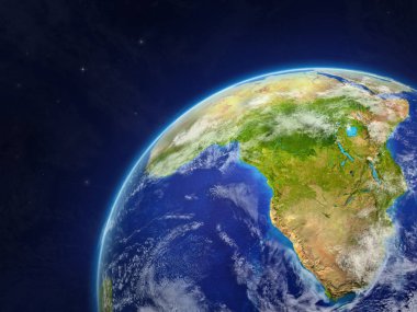 Afrika modeli bir çok ayrıntılı gezegenin yüzey ve bulutlar Dünya gezegeni. 3D çizim. Nasa tarafından döşenmiş bu görüntü unsurları.