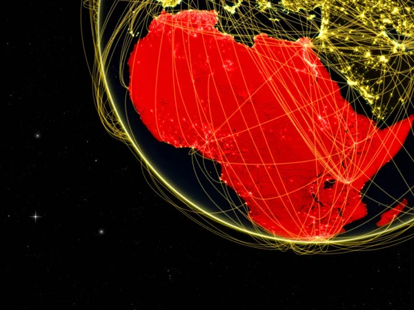 Africa on dark Earth with network. Concept of connectivity, internet or telecommunications. May also represent air traffic. 3D illustration. Elements of this image furnished by NASA.
