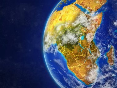 Afrika modeli bir ülke sınırları ve çok detaylı gezegenin yüzey ve bulutlar Dünya gezegeni uzaydan. 3D çizim. Nasa tarafından döşenmiş bu görüntü unsurları.