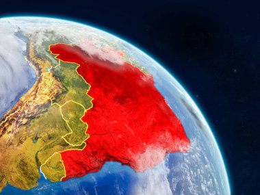 Brezilya gerçekçi modeli bir ülke sınırları ve detaylı gezegenin yüzey ve bulutlar Dünya gezegeni uzaydan. 3D çizim. Nasa tarafından döşenmiş bu görüntü unsurları.