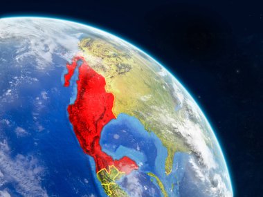 Gerçekçi bir model ülke sınırları ve detaylı gezegenin yüzey ve bulutlar Dünya gezegeni üzerinde alanı Meksika'dan. 3D çizim. Nasa tarafından döşenmiş bu görüntü unsurları.
