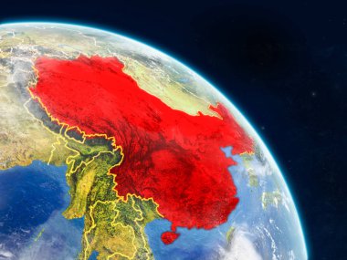 Çin'den gerçekçi bir model ülke sınırları ve detaylı gezegenin yüzey ve bulutlar Dünya gezegeni üzerinde yer. 3D çizim. Nasa tarafından döşenmiş bu görüntü unsurları.