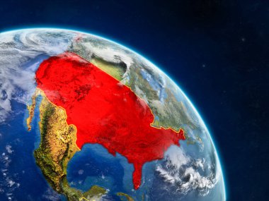 ABD gerçekçi modeli bir ülke sınırları ve detaylı gezegenin yüzey ve bulutlar Dünya gezegeni uzaydan. 3D çizim. Nasa tarafından döşenmiş bu görüntü unsurları.
