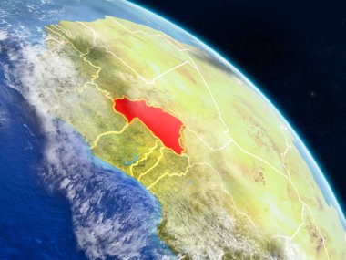 Burkina Faso gerçekçi modeli bir ülke sınırları ve detaylı gezegenin yüzey ve bulutlar Dünya gezegeni uzaydan. 3D çizim. Nasa tarafından döşenmiş bu görüntü unsurları.