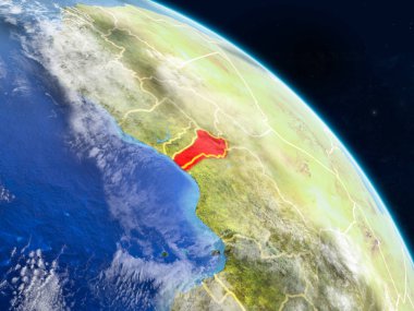Benin gerçekçi modeli bir ülke sınırları ve detaylı gezegenin yüzey ve bulutlar Dünya gezegeni uzaydan. 3D çizim. Nasa tarafından döşenmiş bu görüntü unsurları.