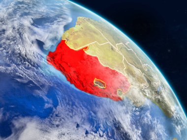 Güney Afrika gerçekçi modeli bir ülke sınırları ve detaylı gezegenin yüzey ve bulutlar Dünya gezegeni uzaydan. 3D çizim. Nasa tarafından döşenmiş bu görüntü unsurları.