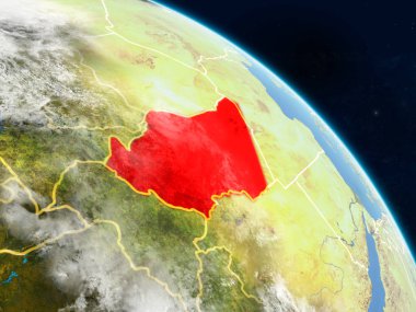 Chad gerçekçi modeli bir ülke sınırları ve detaylı gezegenin yüzey ve bulutlar Dünya gezegeni uzaydan. 3D çizim. Nasa tarafından döşenmiş bu görüntü unsurları.