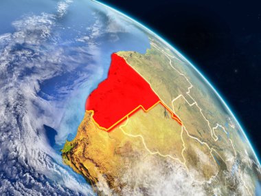 Namibya gerçekçi modeli bir ülke sınırları ve detaylı gezegenin yüzey ve bulutlar Dünya gezegeni uzaydan. 3D çizim. Nasa tarafından döşenmiş bu görüntü unsurları.