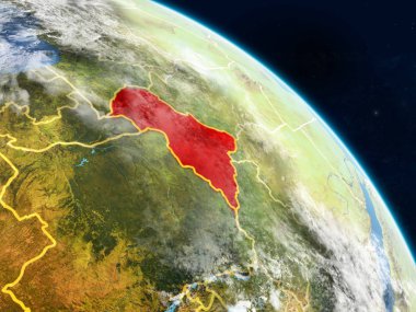 Orta Afrika gerçekçi modeli bir ülke sınırları ve detaylı gezegenin yüzey ve bulutlar Dünya gezegeni uzaydan. 3D çizim. Nasa tarafından döşenmiş bu görüntü unsurları.